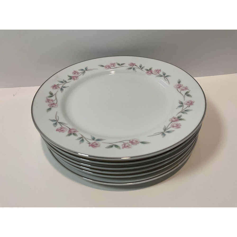 Rose‎ China Japan Nancy Rose Floral Silver Rim Dinner Plates Set of 6